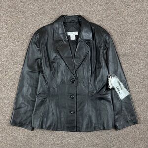 Tower Hill Black Genuine Leather Button Front Short Blazer Jacket Women’s 18 NWT